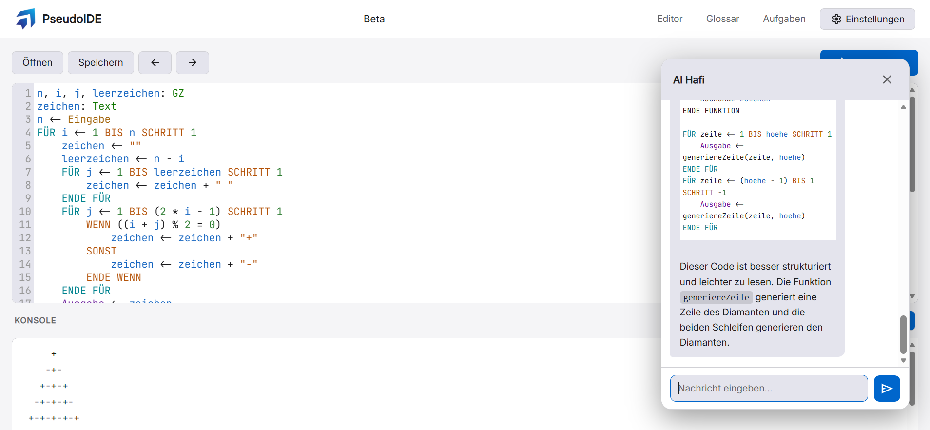 Screenshot des Editors mit Codebeispiel